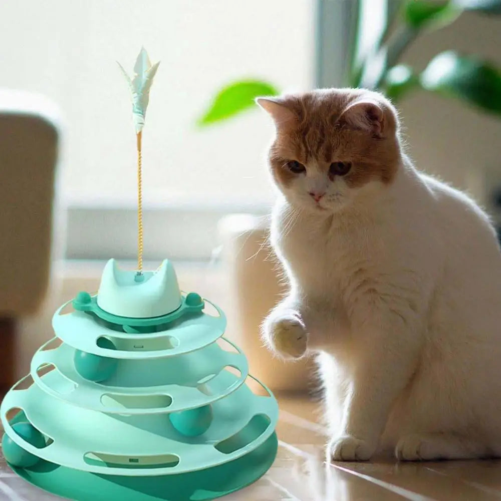 Interactive Tower Cat Toys Turntable Roller Balls Toys For Cats Kitten Feather Teaser Puzzle Track Toy Pets Supplies 4 Layers
