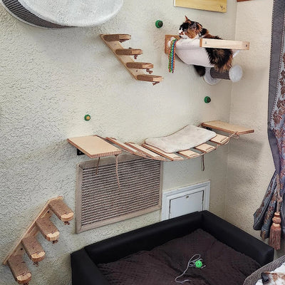 Cat Tree Cat Wall Mounted Climbing Wooden Shelves Sisal Ladders with Hammock and Cat House Cat Bridge for Kittens Perch Sleeping