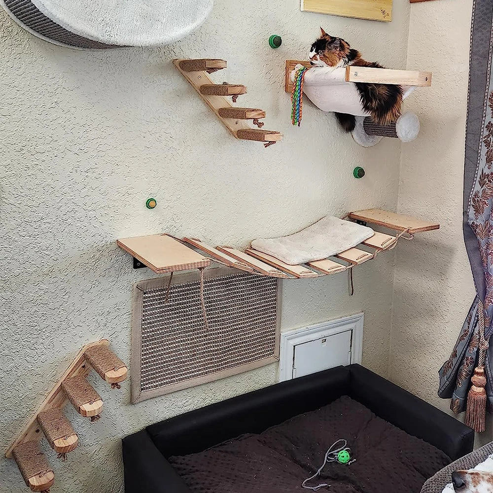Cat Tree Cat Wall Mounted Climbing Wooden Shelves Sisal Ladders with Hammock and Cat House Cat Bridge for Kittens Perch Sleeping