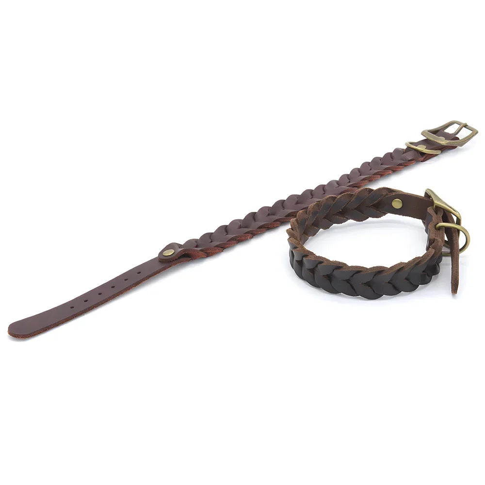 Soft Genuine Leather Braided Dog Collar Adjustable Brown Leather Dog Collar Strong and Durable for Pet Puppy Pug French Bulldog