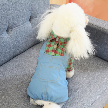 Dogs Clothes Jumpsuits Spring Autumn Denim Sling Plaid Pet T-Shirt Plaid Cat Dress Pet Puppy Skirt Teddy Puppy Clothes Small Dog