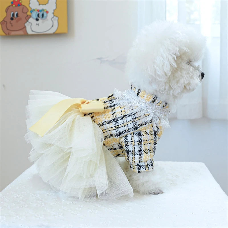 Yellow Ribbon Dresses for Dogs Sweet Dream Princess Autumn Pet Skirt French Bulldog Overalls Lattice Yellow Warm Cat Clothing