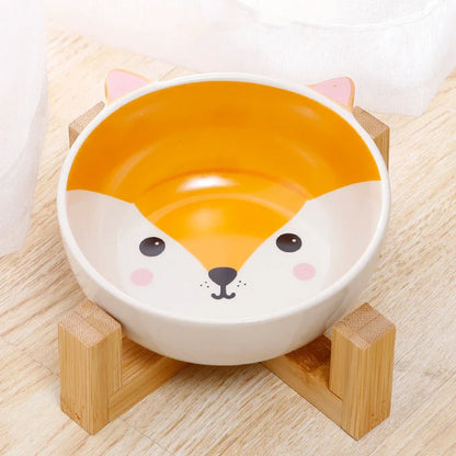 Ceramic Dog Bowl Raised Round Dog Cat Bowl No Spill Pet Dish for Food Water Feeding Cute Cartoon Printed Pet Dog Elevated Dish