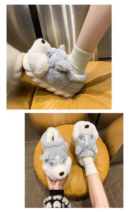 Winter Home Couple Shoes Women's Fluffy Dog Slippers Girl Animal Fur Slides Kawaii Funny Furry Shoes Woman Plush Booties Slipper