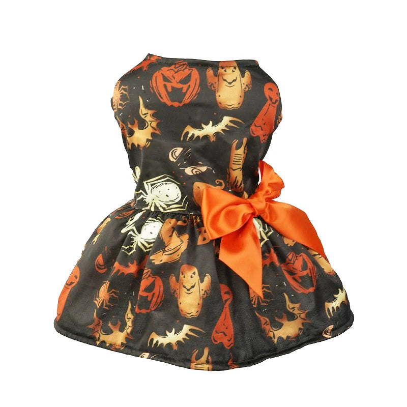 Halloween Dog Costume Funny Dog Clothes Pumpkin Print Pet Dress Chihuahua Bichon Clothing Bow Lace Festival Skirt Cat Dresses