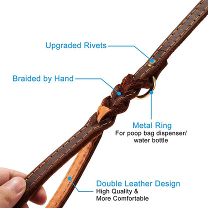 Braided Leather Dog Leash with Traffic Handle Two Handles Leather Dog Leash Leads for Training Bulldog Pit-bull Pet Dog Supplies