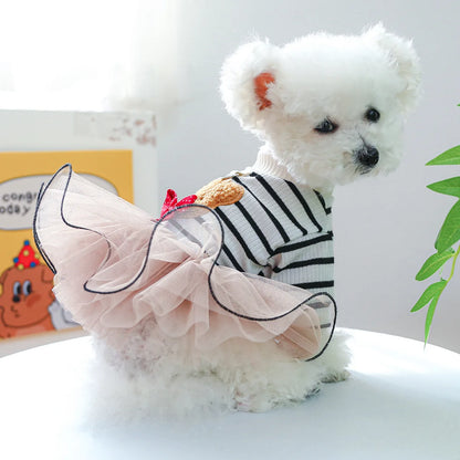 Cute Bear Stripe Dog Dress for Small Dogs, Luxury Tiered Layer Tulle Tutu Dress Princess Skirt Spring Autumn Puppy Pet Clothes