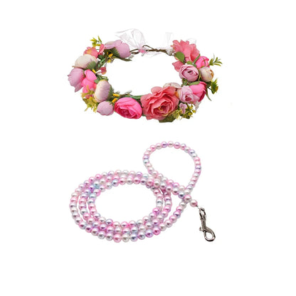 Elegant Dog Wedding Flower Collar and Leash Set for Medium Dogs,Dog Wedding Attire Wreath Bow Pearl Leash Pet Wedding Photo Prop