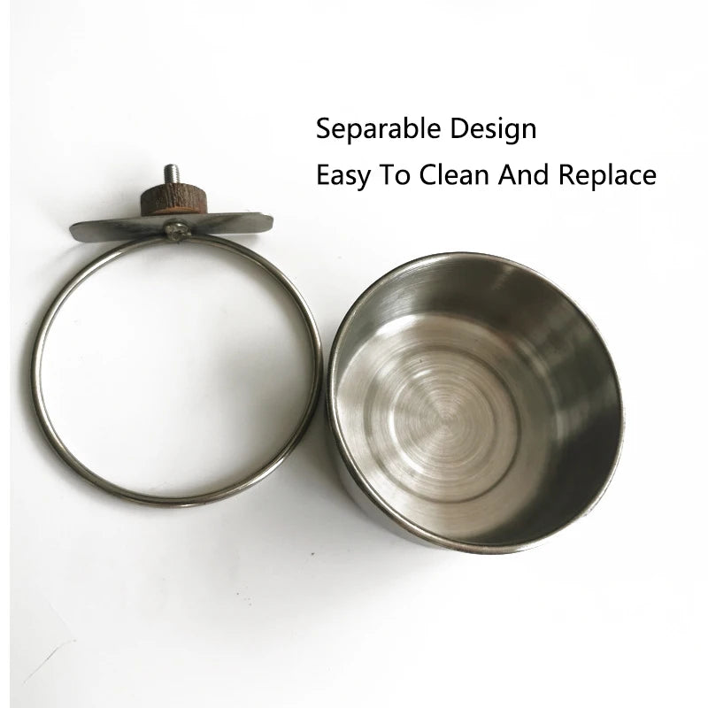 1Set Stainless Steel Birds Parrot Feeder Bowl Round Small Pet Natural Wood Stand Food Water Drinking Feeding Bowl