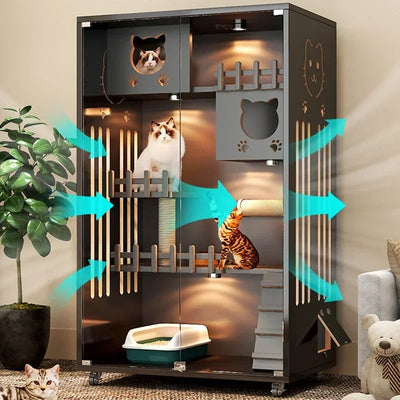 Retro Solid Wood Cat Cage for Living Room Cat House Two-layer One-piece Movable Light Luxury Creative  Cage for Cats