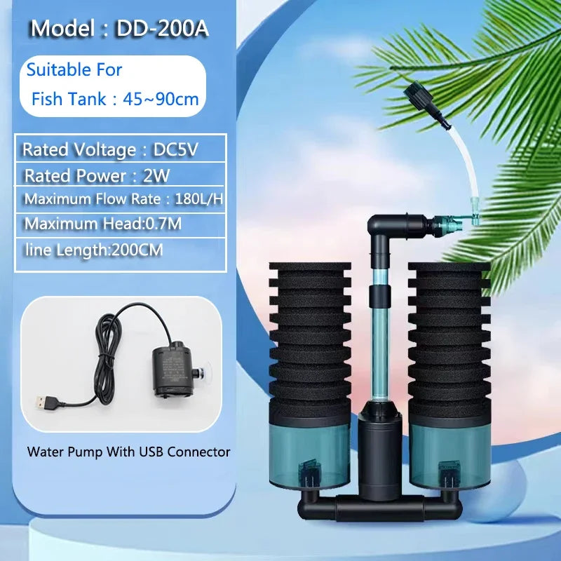 Aquarium USB Filter With Water Pump Electric For Fish Tank Air Pump Skimmer Biochemical Sponge Aquarium Bio Filter USB Connector