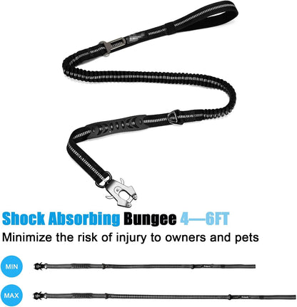 Tactical Retractable Dog Leash, Reflective Shock Absorbing, Quick Release Clip Double Handle with Car Seatbelt, for Large Dogs