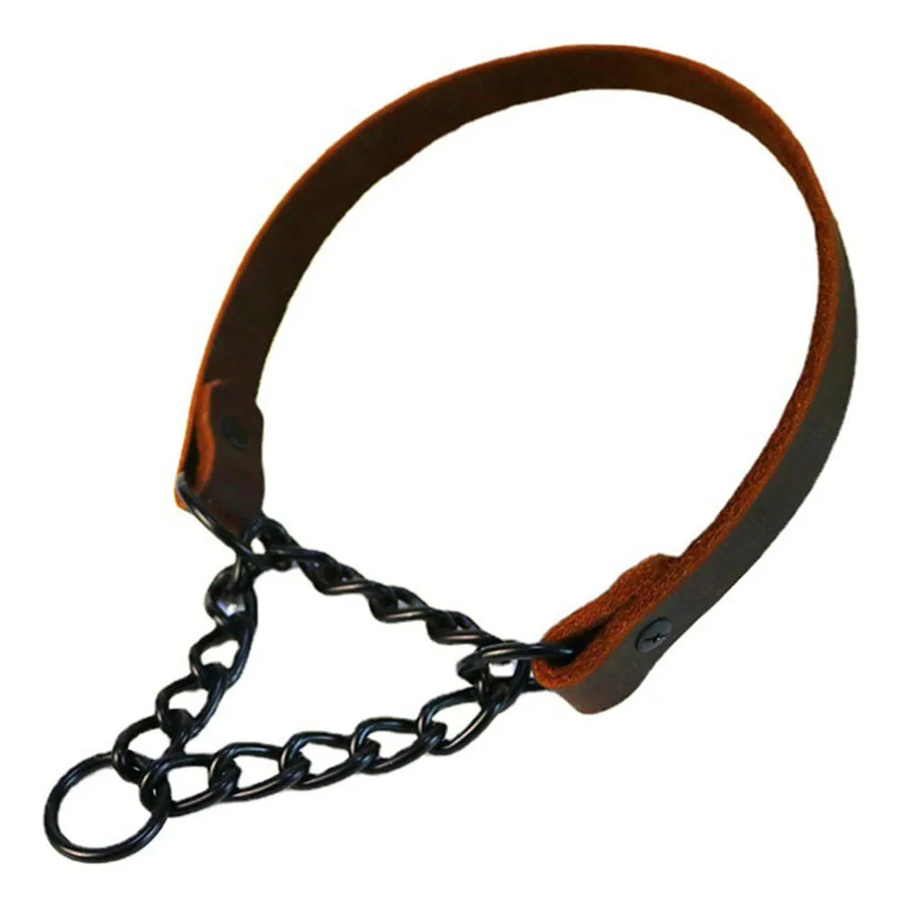 Dog Choke Collar Genuine Leather Dog Collar Dog Choking Chain Collar Stainless Steel Chain No Pull Dog Leather Training Collar