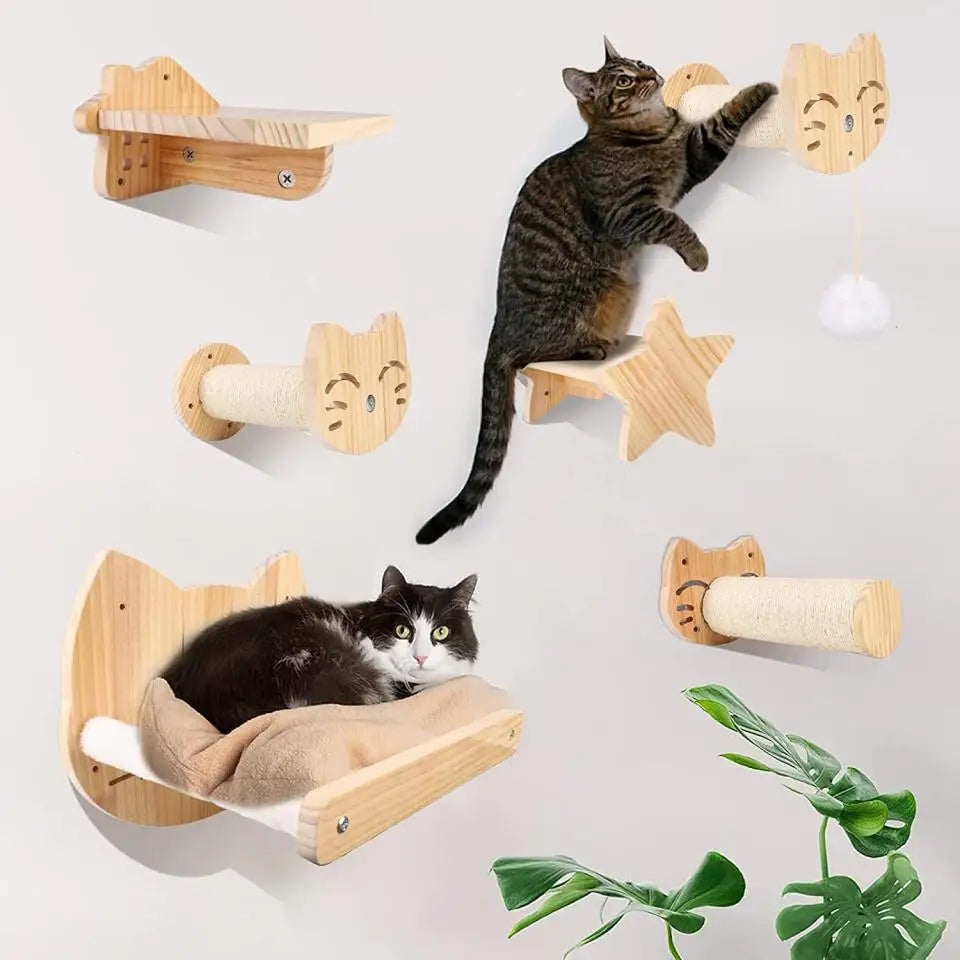 Cat Wall Mounted Furniture Hammock Climbing Shelves Cat Scratching Post Wooden Stairway Shelves Sisal Ladder Cat Climbing Frame