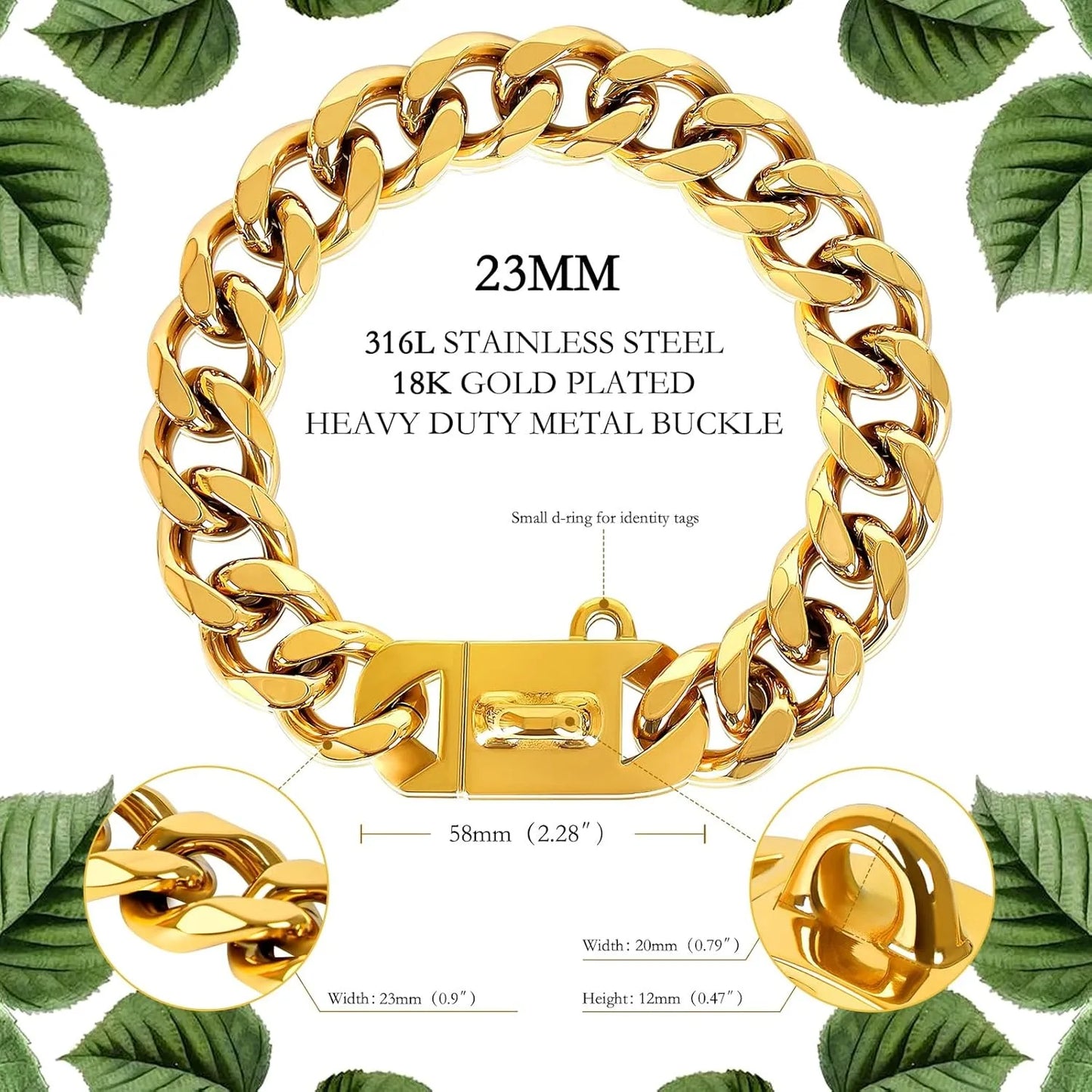23MM Gold Dog Collar,Dog Chain Collars with Cuban Link Dog Collar,Heavy Duty Training Collar Chew Proof for Medium Dogs
