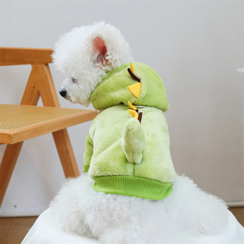 Autumn Winter Pet Dog Costumes Green Dinosaur Christmas Fleece Overalls Sweatshirts for Small Puppy Funny New Year Cat Clothing
