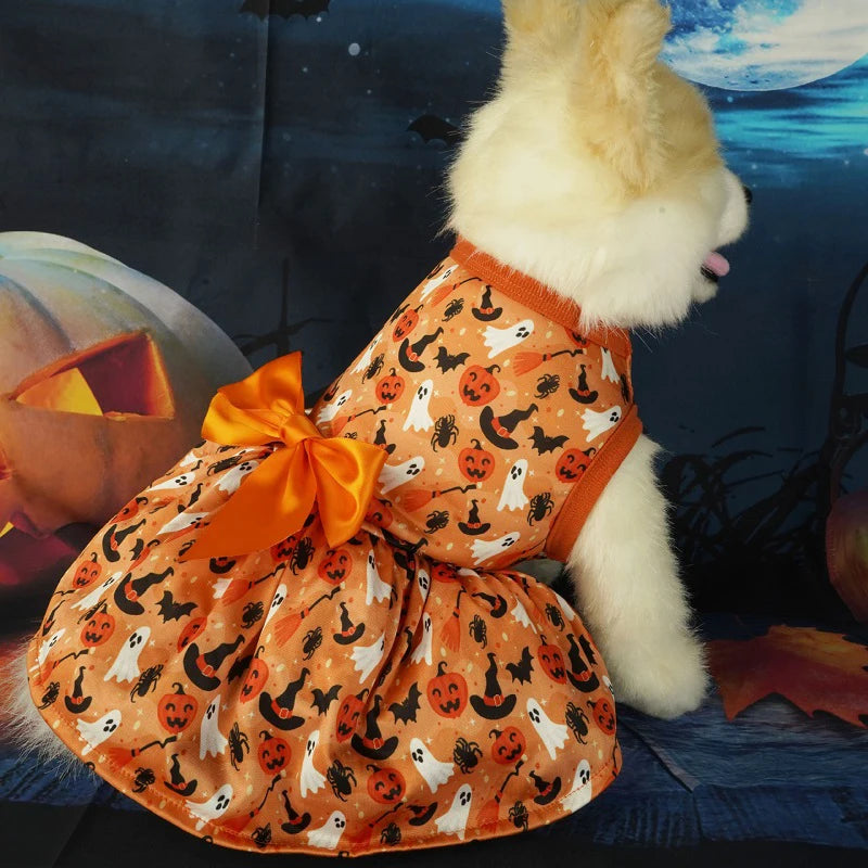 Halloween Dog Costume Funny Dog Clothes Pumpkin Print Pet Dress Chihuahua Bichon Clothing Bow Lace Festival Skirt Cat Dresses