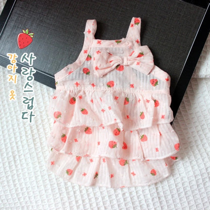 Light Pink Summer Fancy Dresses Strawberry Print Princess Bow Tie Tiered Skirt Vest Overalls Female New Puppy Clothing for Cats