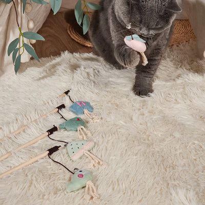 Cat Toy Cat Teaser Sticks Wooden Rod Funny Cat Stick Light Color Plush Doll Elastic Rope With Bell Cat Self-hi Toy