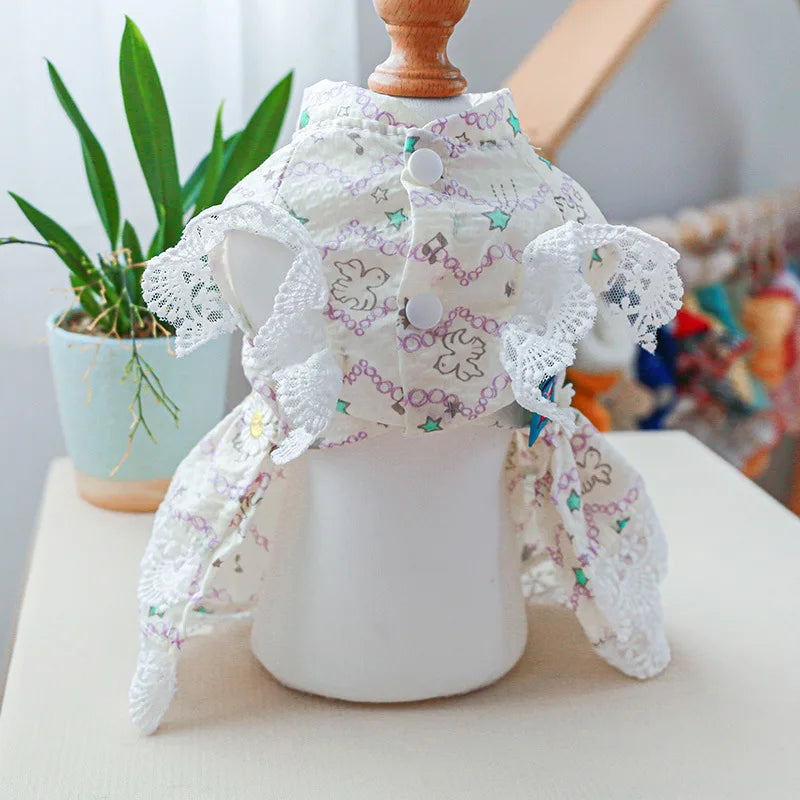 Floral Summer Clothes for Small Dogs Short Sleeve Lace Pink Sphinx Cat Dresses Princess Party Wear Breathable Pet Clothing
