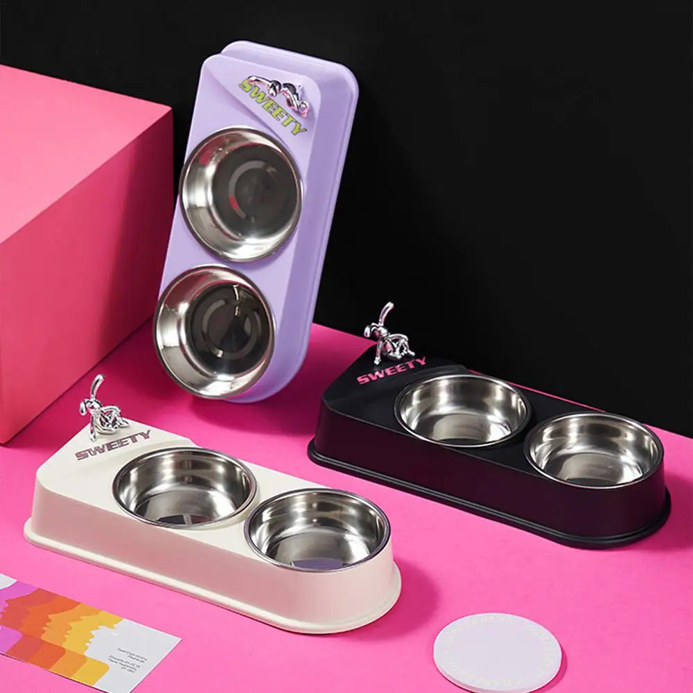Pet Double Feeding Bowl Non-Slip Feeder Two Dishes For Cats Non-skid Pet Stainless Steel Bowls Pet Feeder Food Dispenser