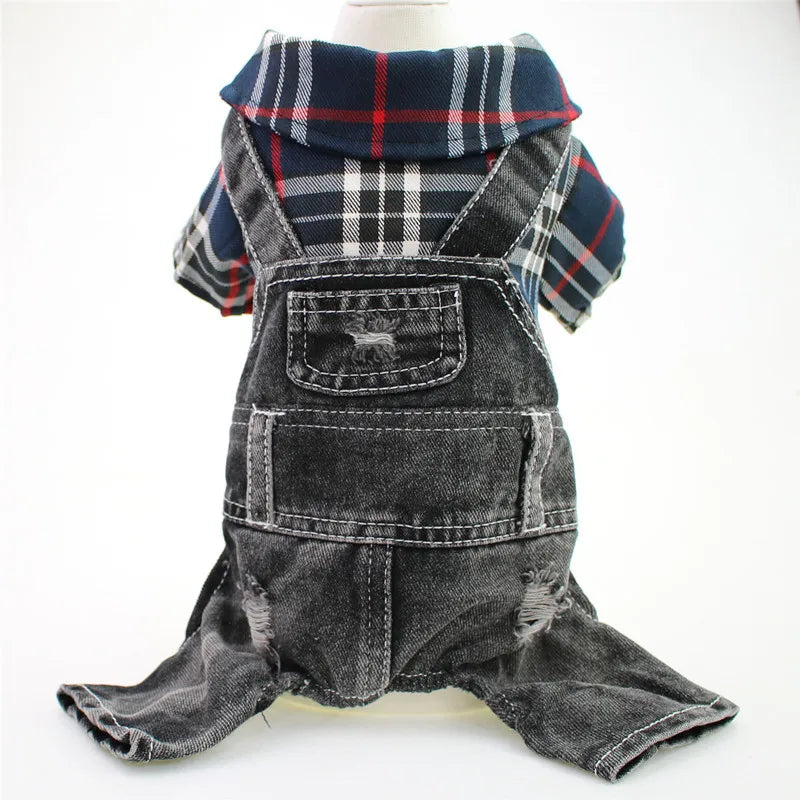 Black Dog Denim Jumpsuit Plaid Shirt Overalls for Dogs, Spring Clothes for Small Dogs Puppy Yorkie Jeans Jacket Pet Apparel