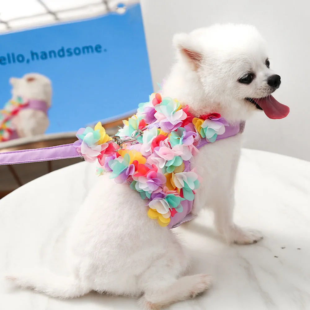 Luxury Flower Girl Dogs Harness and Leash Set No Pull Soft Adjustable Breathable Mesh Cute Floral Puppy Pet Safety Vest Harness