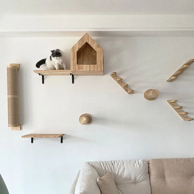 1 Piece Cat Wall Mounted Shelf Furniture Cat Jumping Platform and Stairway with Cat Hammock or Scratching Post for Cats Playing