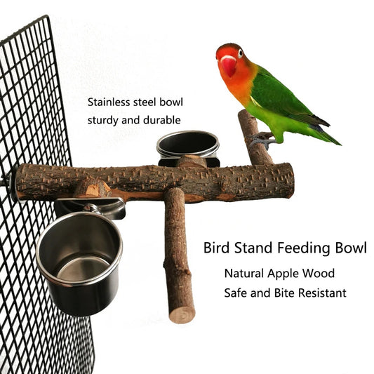 1Set Stainless Steel Birds Parrot Feeder Bowl Round Small Pet Natural Wood Stand Food Water Drinking Feeding Bowl