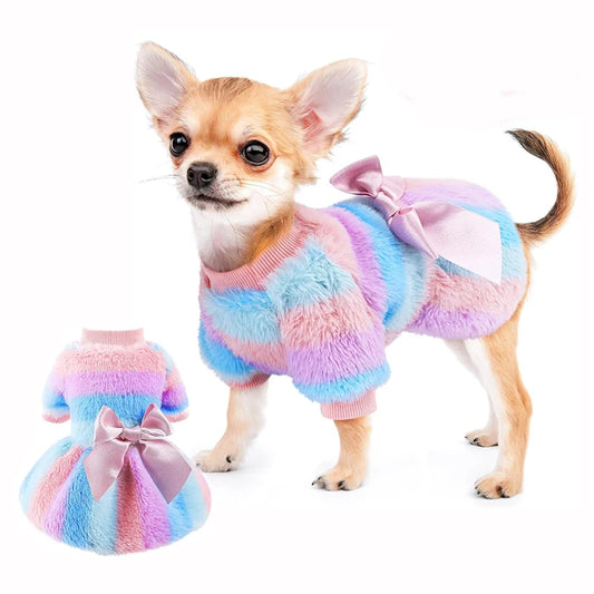 Rainbow Stripe Plush Princess Dog Dress for Small Dogs Girl Winter Puppy Cat Sweater Clothes Warm Fleece Pet Dress Bowknot Skirt
