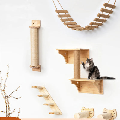 Cat Tower Tree Wall Mounted Wooden Climbing Shelf for Cat Bed and Scratcher Post,  Ladder, Widen Steps for Kitten Play & Rest