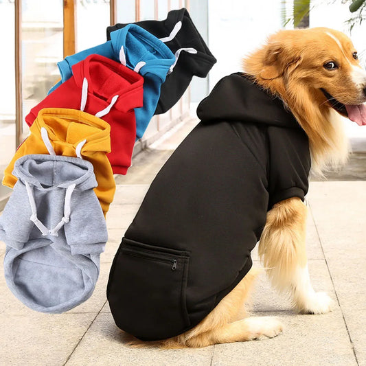Warm Dog Clothes for Large Dogs Winter Pet Fleece Coat Sport Sweatshirt Hoodies with Snacks Pocket Gold Retriever Husky Apparel