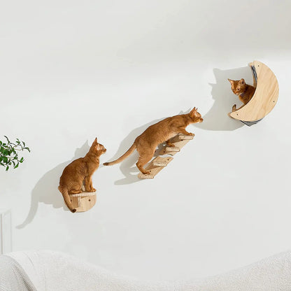 Solid Wood Wall Mounted Cat Tree Double Layered Jumping Platform Ladder Cat Hammock Furniture Cat Climbing Frame