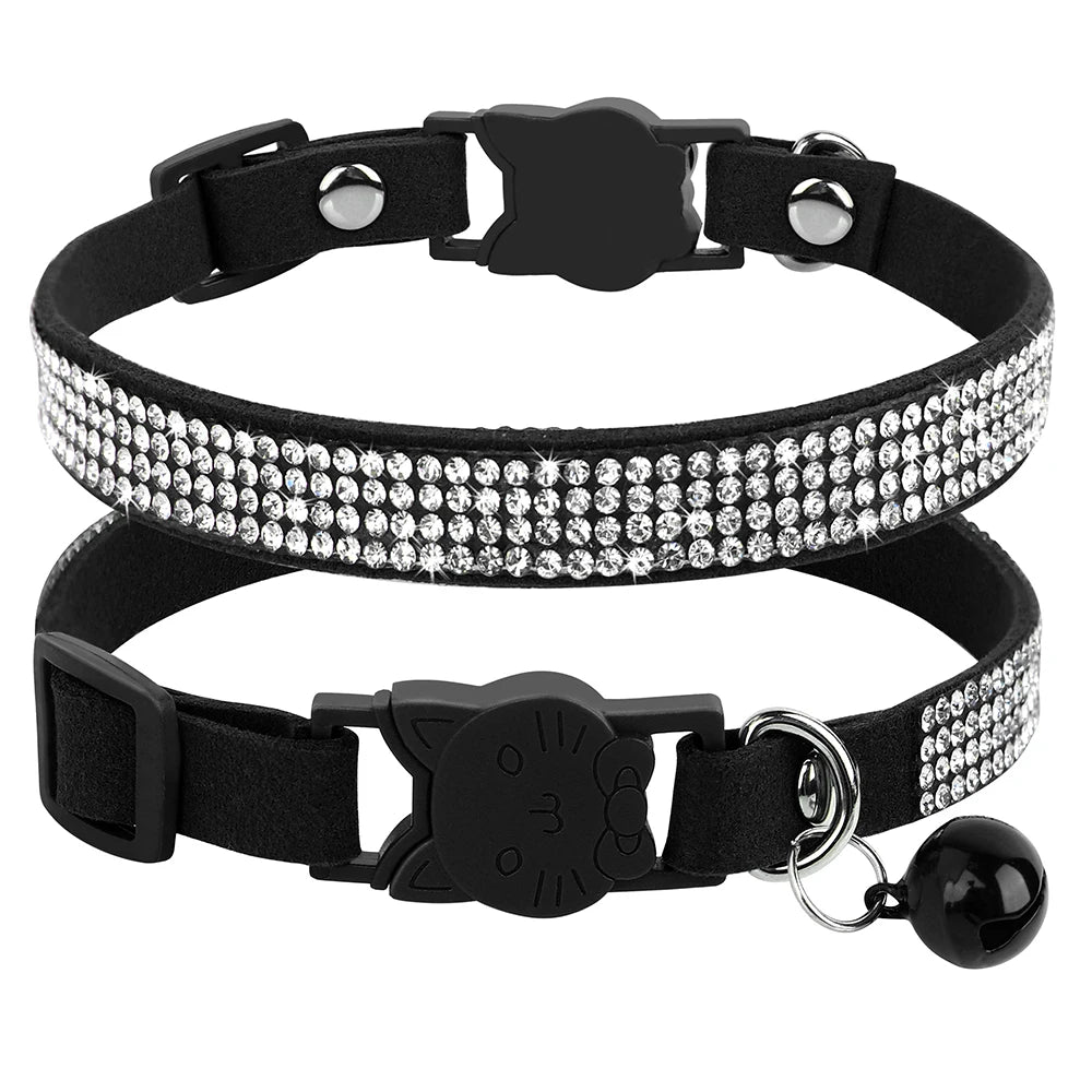 Suede Leather Cat Collar Bling Rhinestone Cats Collars with Bell Safety Breakaway Pet Puppy Necklace Adjustable XS S Pink Soft