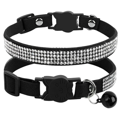 Suede Leather Cat Collar Bling Rhinestone Cats Collars with Bell Safety Breakaway Pet Puppy Necklace Adjustable XS S Pink Soft