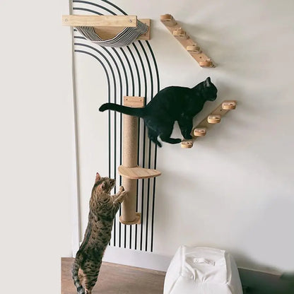 Wall Mounted Climbing Shelf Cat Tree 4 Steps Stairway with Cat Hammock Scratching Post for Sleeping Playing and Grinding Claw
