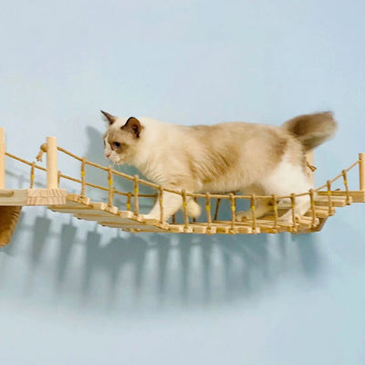 Cat Bridge Cat Tree Wall Furniture, Wooden Structure, Rope Net Design, Suitable for Kitten to Play and Exercise Climbing Wall