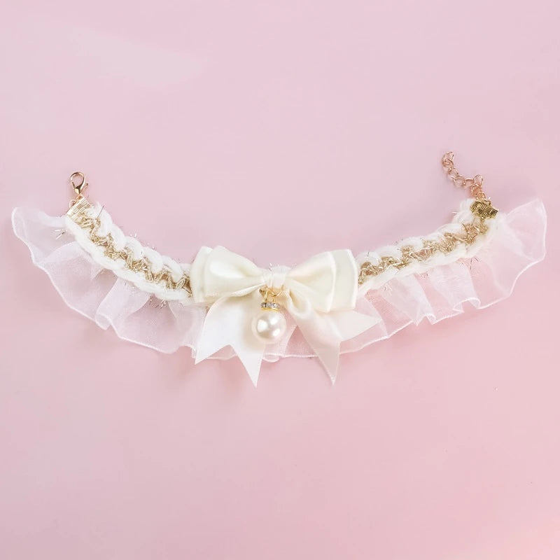 Romantic Summer Dog Collar Bow Tie Pearl Lace Party Cat Necklace for Small Puppy Luxury Designer Chihuahua Pet Neck Accessories