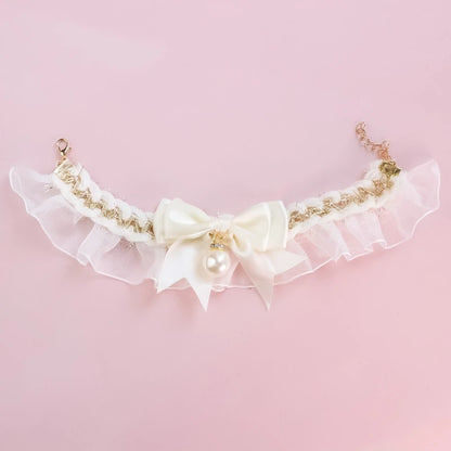 Romantic Summer Dog Collar Bow Tie Pearl Lace Party Cat Necklace for Small Puppy Luxury Designer Chihuahua Pet Neck Accessories