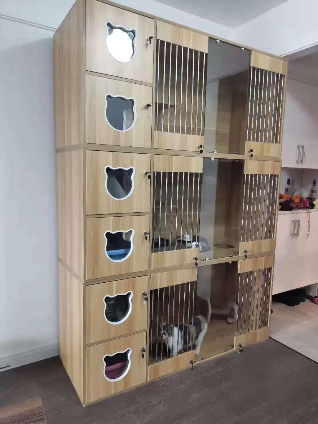 Wooden And Steel Pet Cat Display Cages Fence With Scratching post