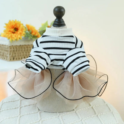 Cute Bear Stripe Dog Dress for Small Dogs, Luxury Tiered Layer Tulle Tutu Dress Princess Skirt Spring Autumn Puppy Pet Clothes