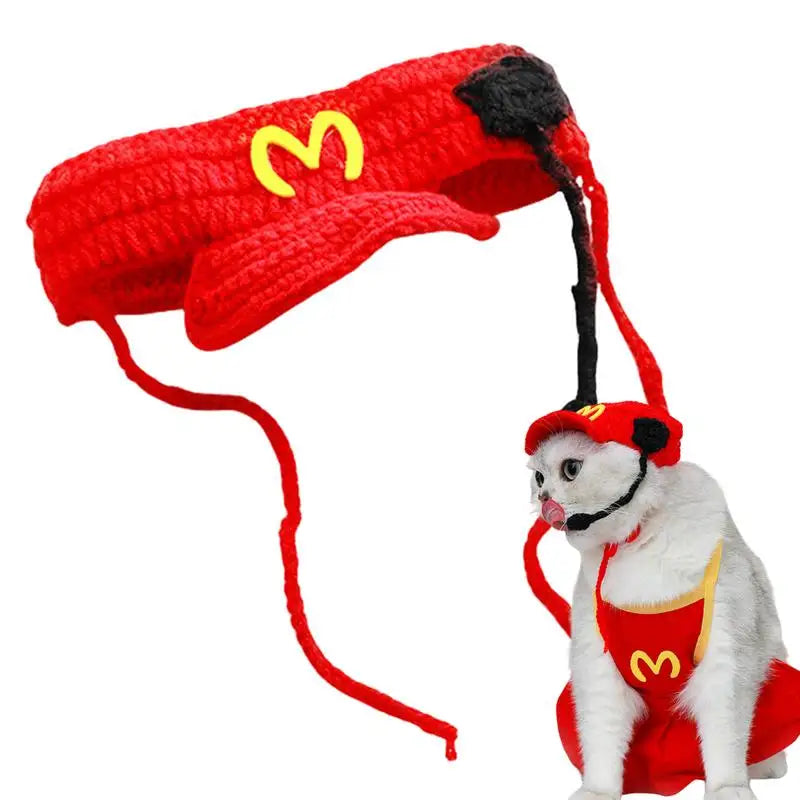 Funny Pet Hat Knitted Cat Waiter Beanie Hat Cartoon Pet Cosplay Caps for Puppy Kitten Weaving Puppy Costume Headwear Decoration