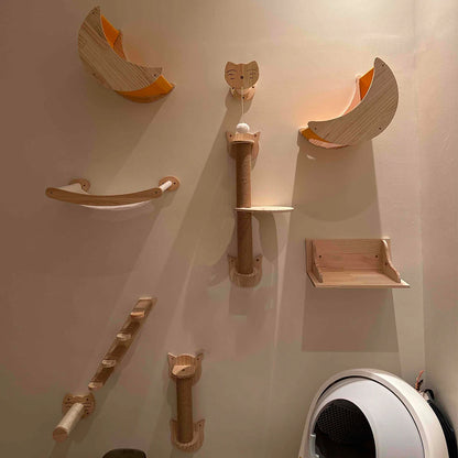Wall Mounted Cat Furniture Cat Climbing Shelf Solid Wood Stairway with Hammock or Scratching Post for Kittens Perch and Play