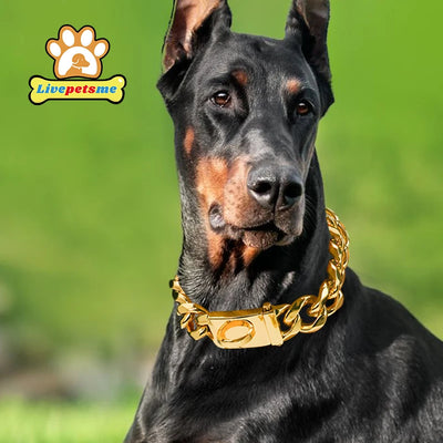 Heavy Duty Gold Dog Collar with Solid Buckle, 304 Stainless Steel Cuban Link Chain, Luxury Metal Pets Walking Collar, Choker