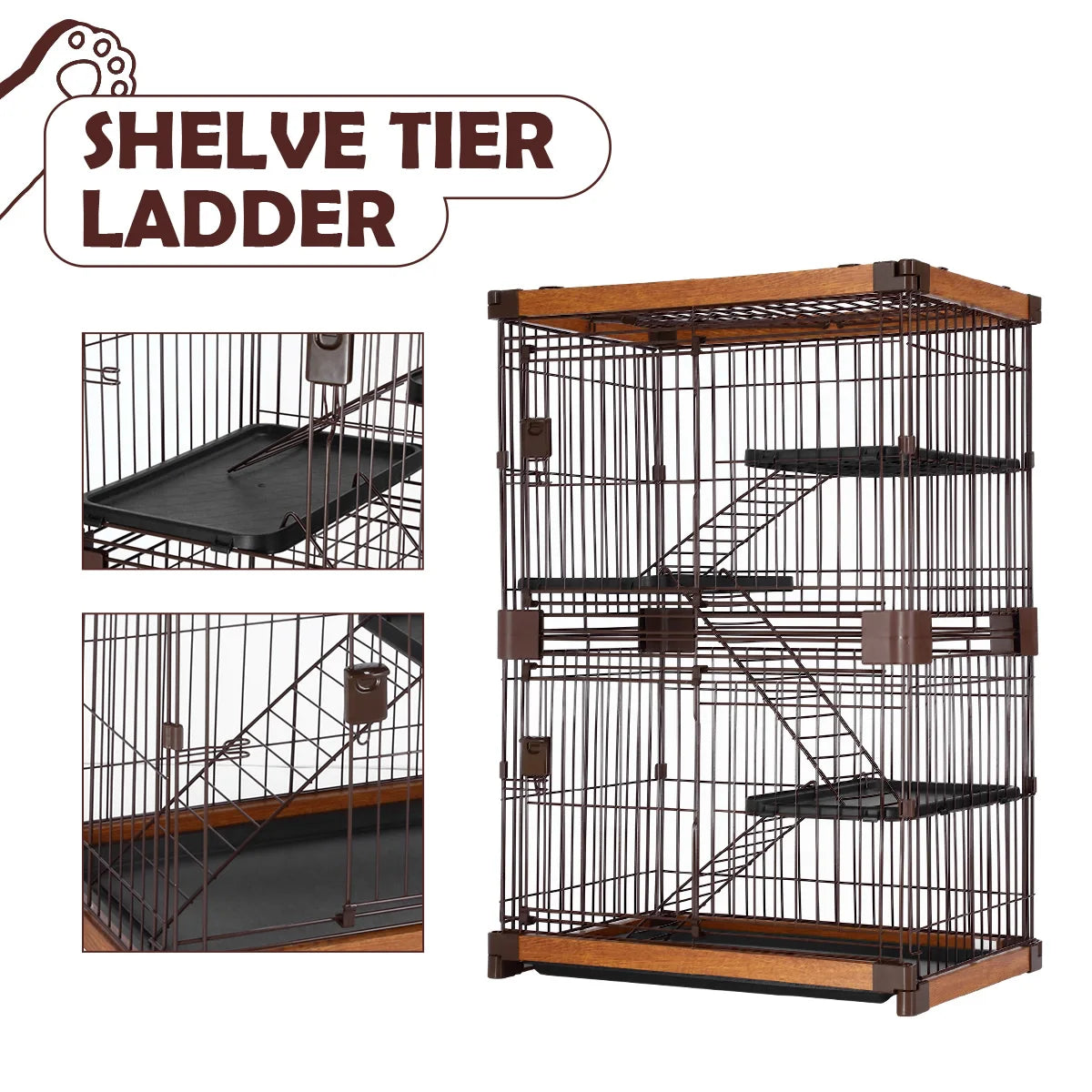 Pet Scene Large 3-Tier Pet Enclosure with WPC Frame and Iron Wire Button Closure Rabbit Hutch Cat Cage Ferret Kennel for Pets