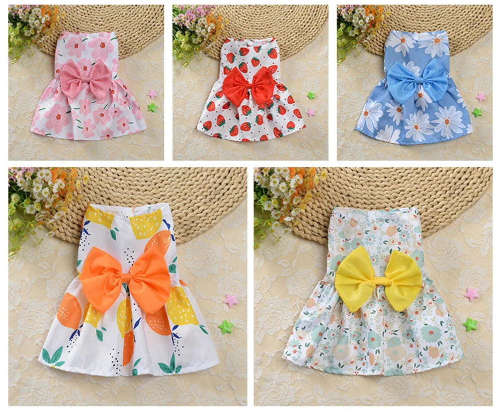 Dog Princess Dress Cute Print Puppy Dresses with Bowknot Sweet Cat Skirt Summer Thin Pet Wedding Party Chihuahua Doggies Clothes