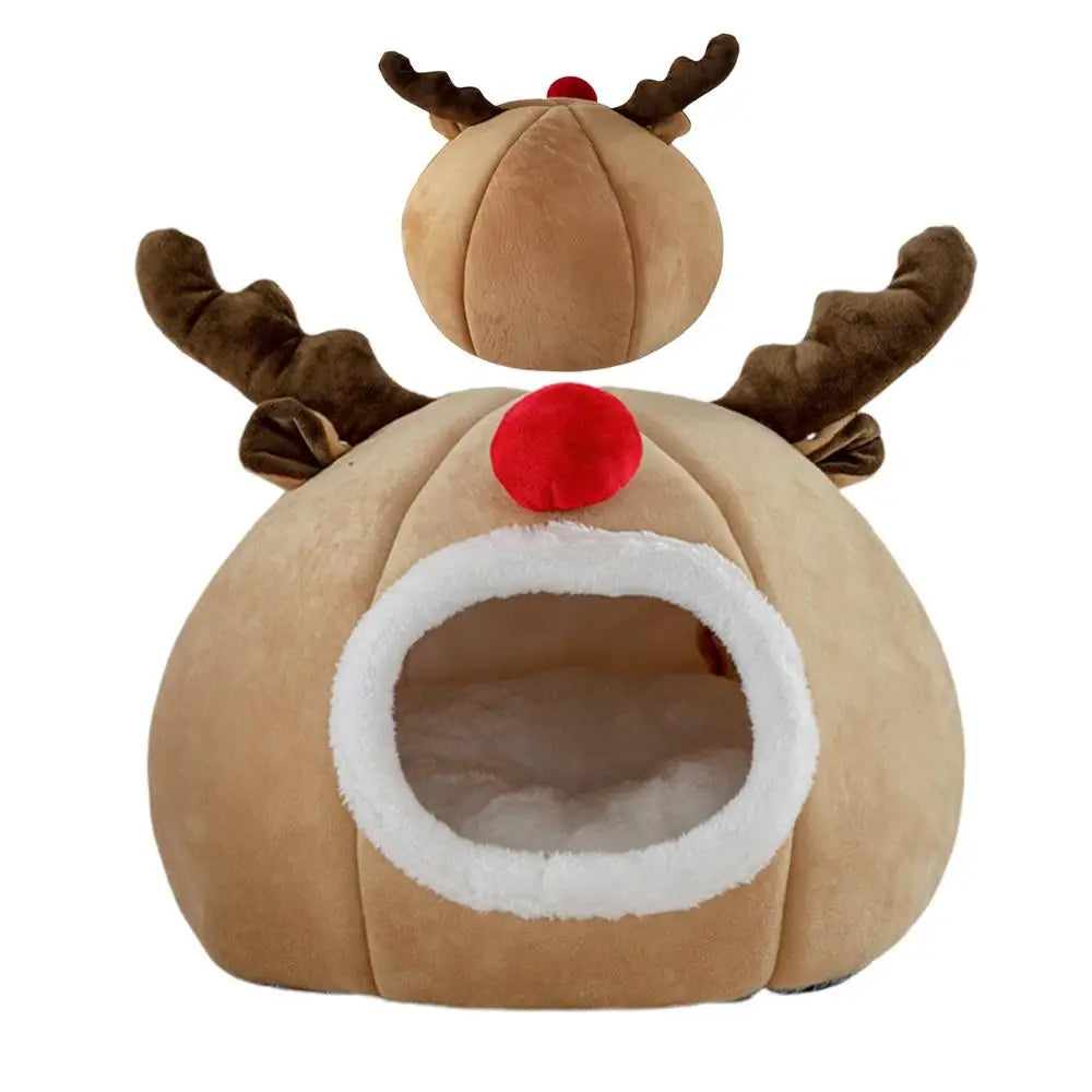 Christmas Winter Cat Cave Bed Dog Tent Christmas Reindeer Tent Washable Removable Cushion for Indoor Small Dogs And Cats