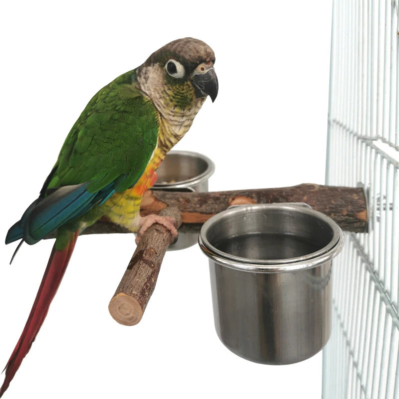 1Set Stainless Steel Birds Parrot Feeder Bowl Round Small Pet Natural Wood Stand Food Water Drinking Feeding Bowl