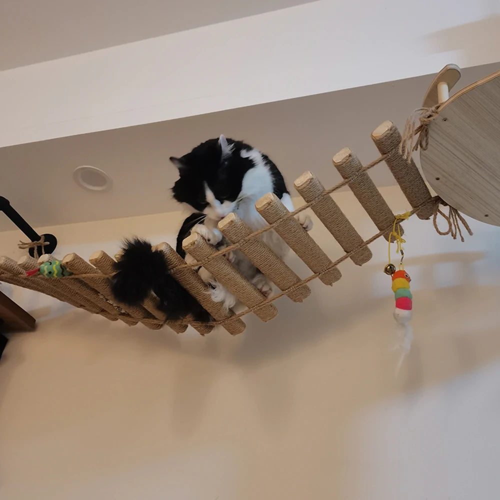 Cat Tree Wall Mounted Cat Climbing Bridge with Scratching Post and Cat Hammock Sisal Ladder for Kitten Playing and Rest
