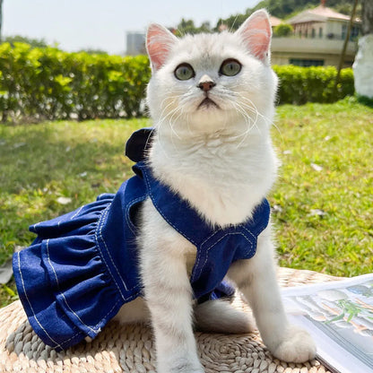 Pet Denim Clothes For Cat Dog Spring Summer Cat Dress Harness Kitten Jeans Shirt Cat Bowtie Skirt Dress Vest Harness with D-Ring